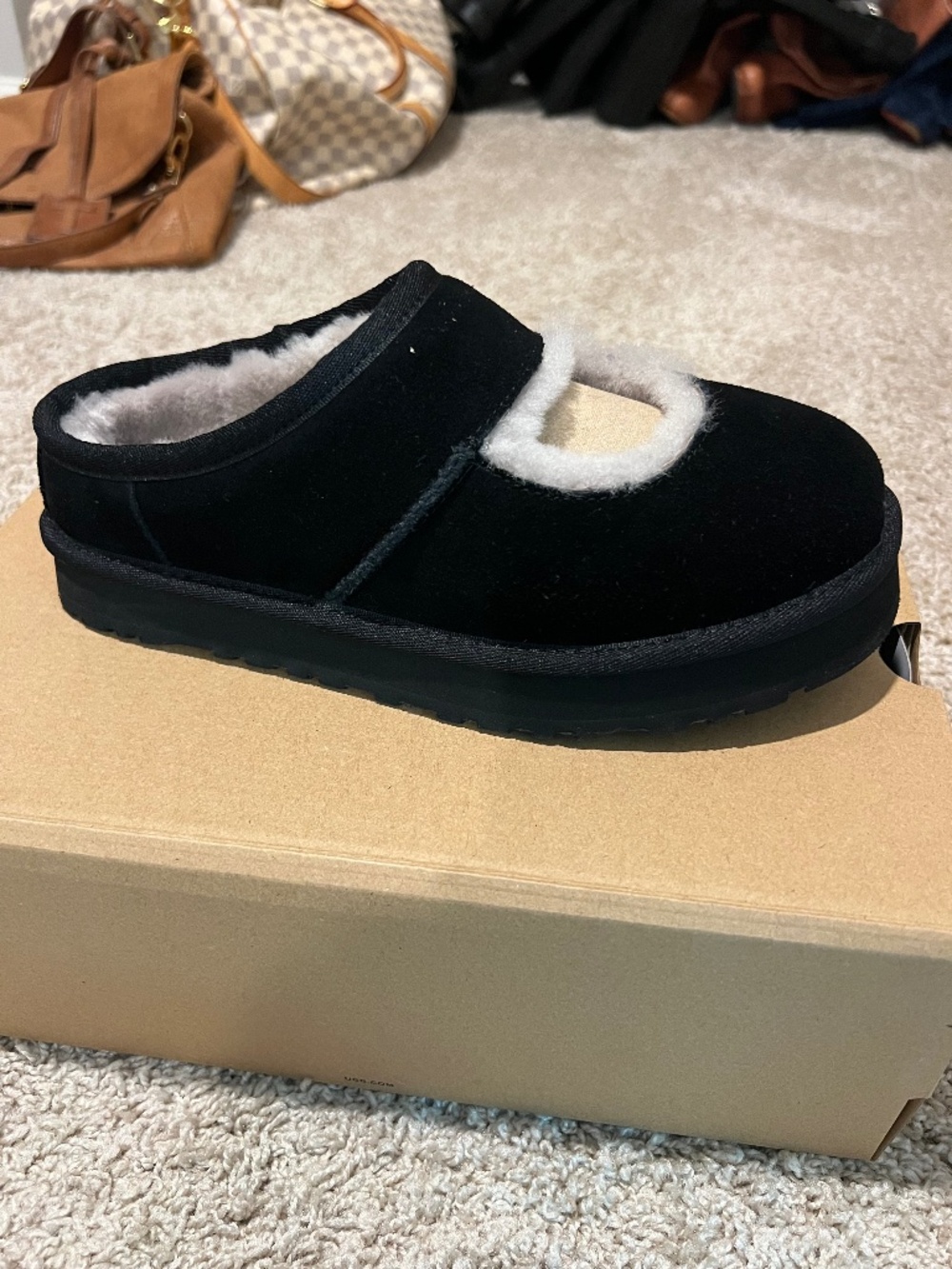 UGG Black Suede Shearling-Lined Clog Mule